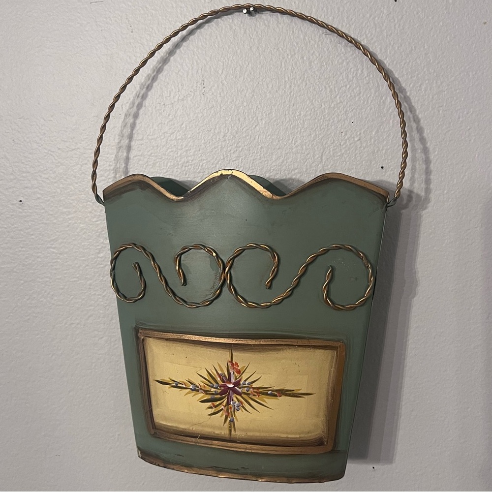 Vintage inspired metal wall hanging, floral wall pocket basket or planter.